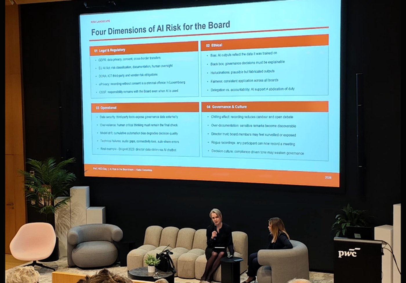 Katia Ciesielska speaking on AI risk for boards at PwC NED Day, Luxembourg